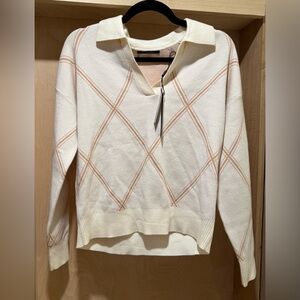 Tahari Cream V-Neck Argyle Sweater with Peach Accents Size Small/P NEW SOFT
